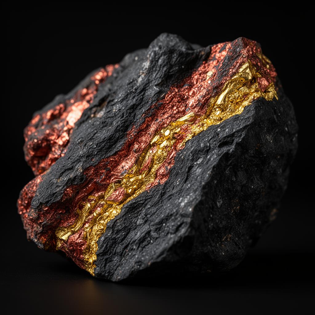Raw ore specimen with copper and gold veins through dark rock